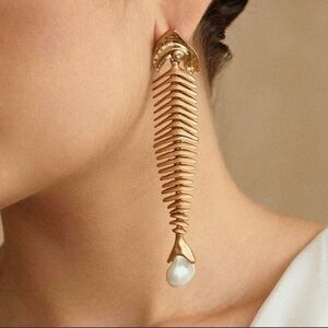 Schiaparelli Inspired Gold Fishbone Drop Earrings with Pearl Accent